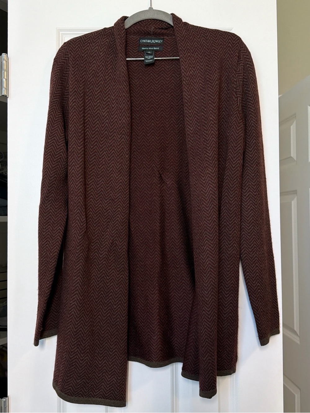 Cynthia Rowley Merino Wool Blend Brown Chevron Open-Front Cardigan